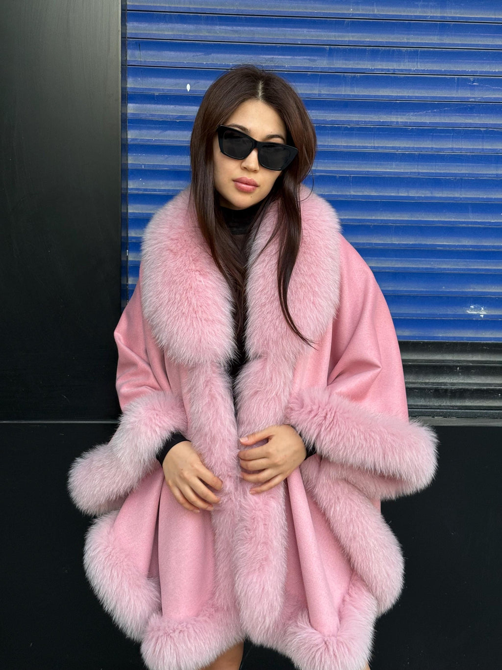 Women’s Luxury Pink Cashmere Cape, Fox Fur Trim Jacket, Handmade Wool Shawl