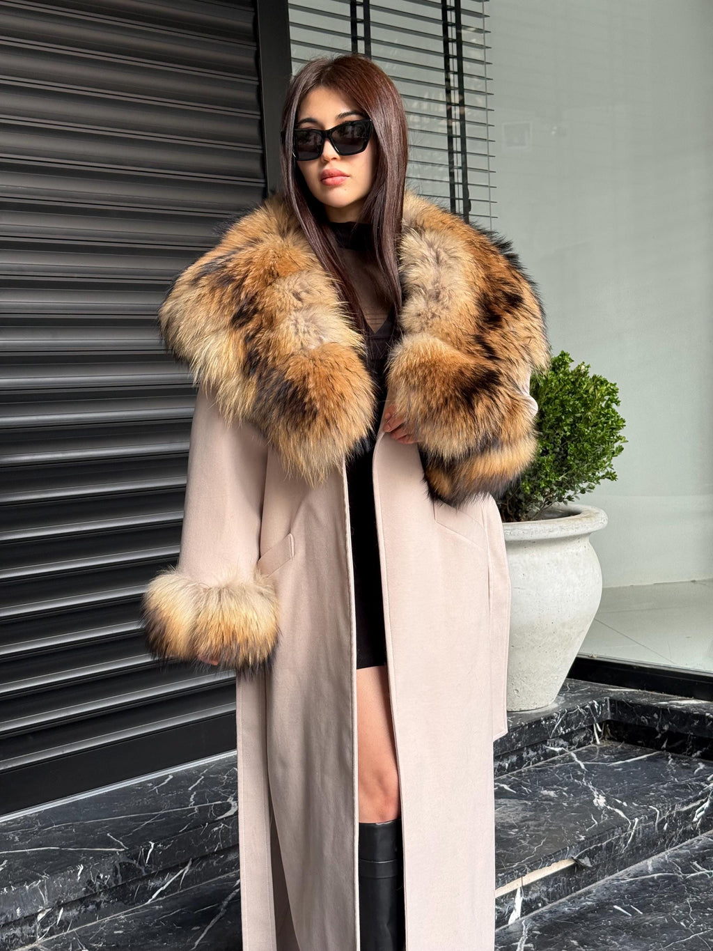 Handmade Beige Cashmere Coat: Fox Fur Trim Hood, Luxury Winter Long Coat