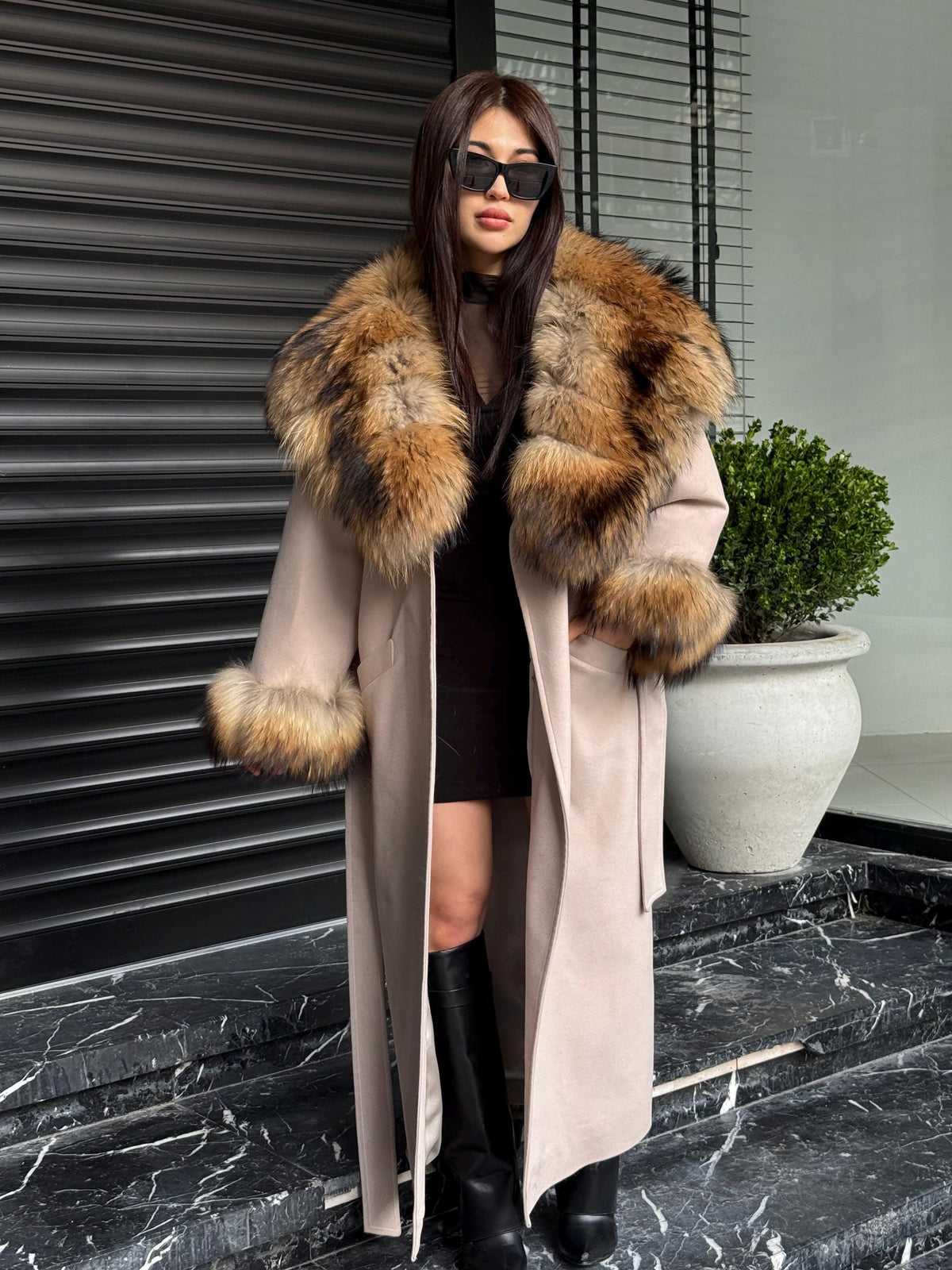 Handmade Beige Cashmere Coat: Fox Fur Trim Hood, Luxury Winter Long Coat
