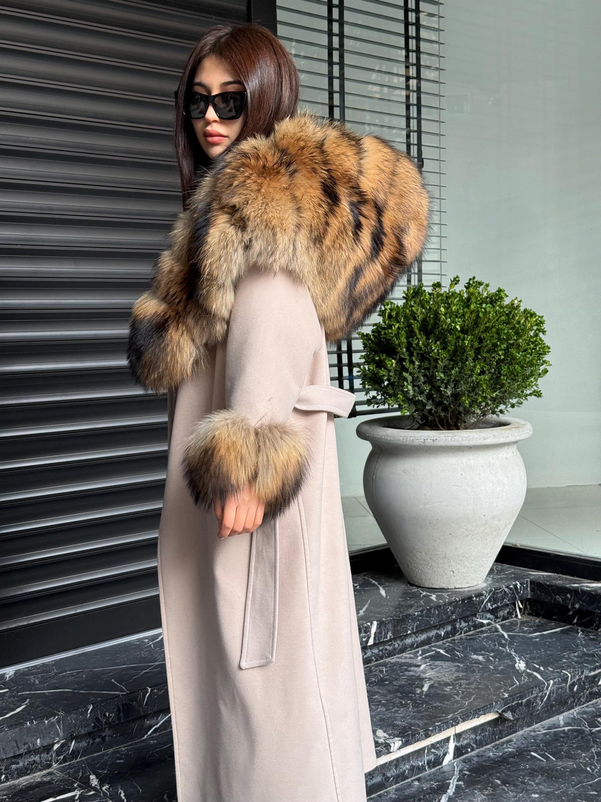 Handmade Beige Cashmere Coat: Fox Fur Trim Hood, Luxury Winter Long Coat