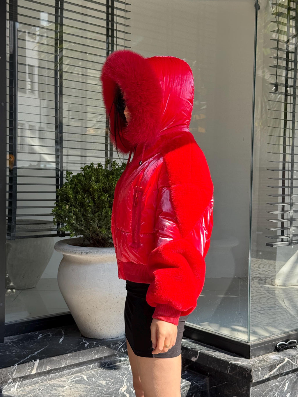 Red Puffer Jacket: Detachable Fox Fur Hood, Handmade Winter Coat