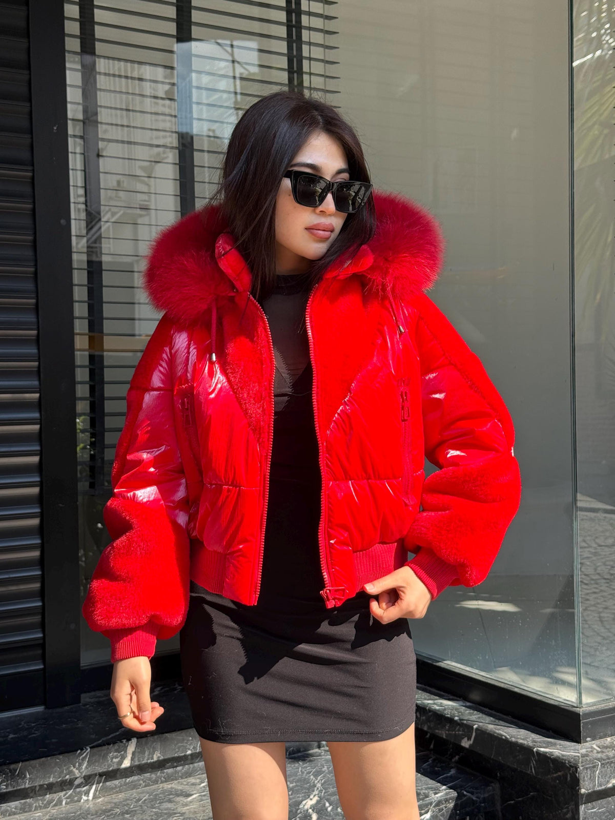 Red Puffer Jacket: Detachable Fox Fur Hood, Handmade Winter Coat