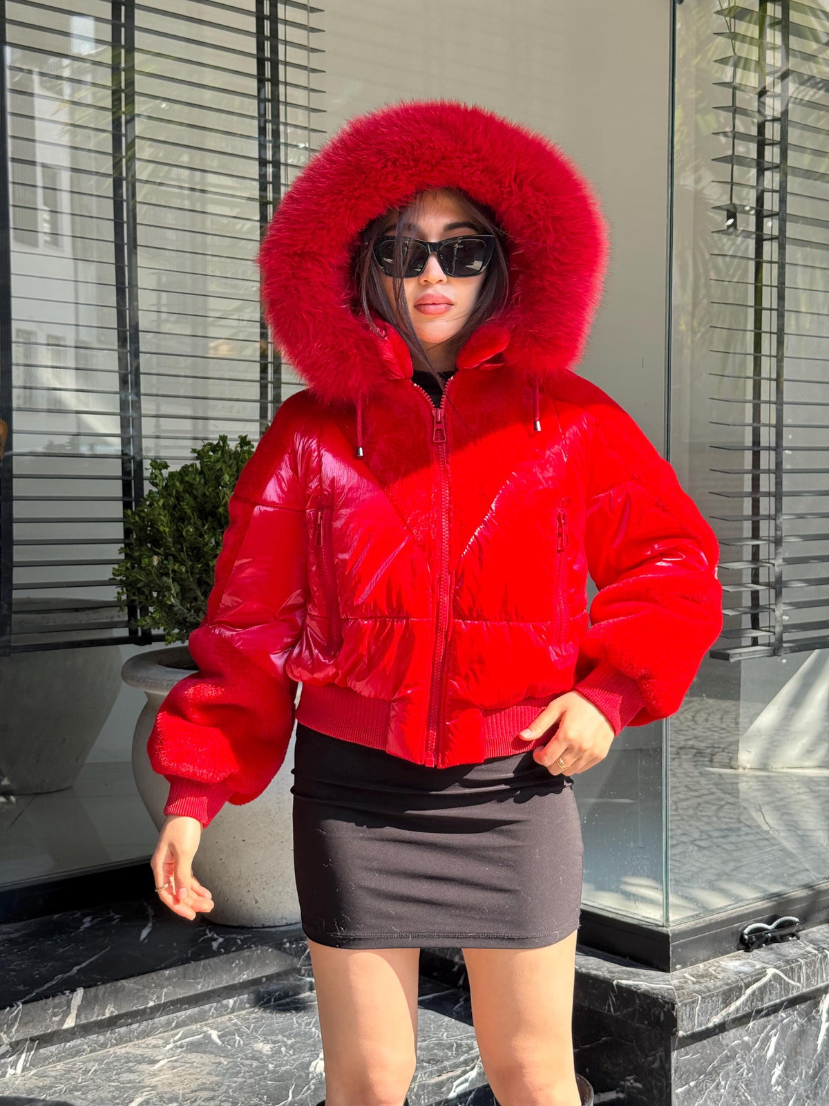Red Puffer Jacket: Detachable Fox Fur Hood, Handmade Winter Coat