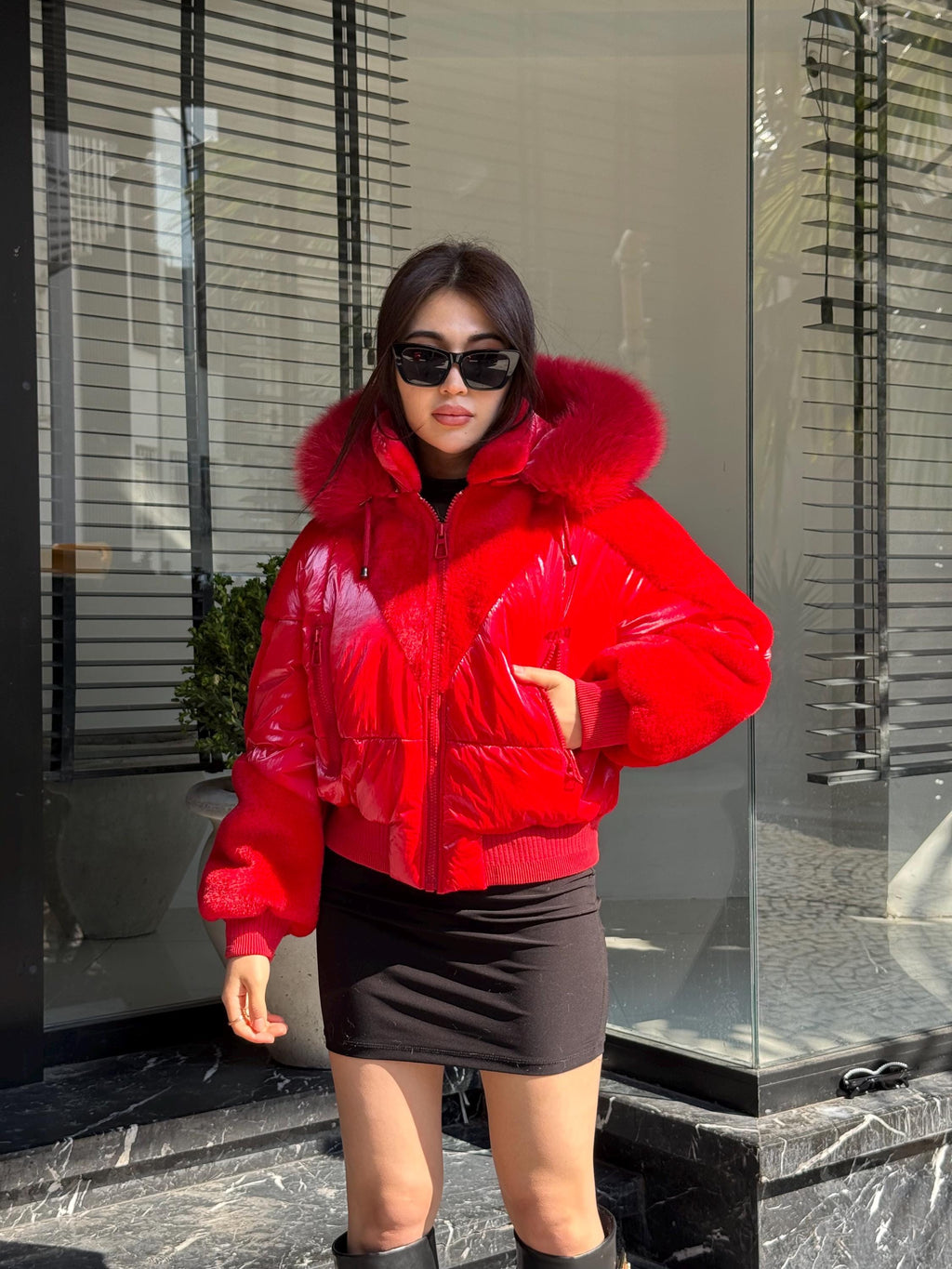 Red Puffer Jacket: Detachable Fox Fur Hood, Handmade Winter Coat