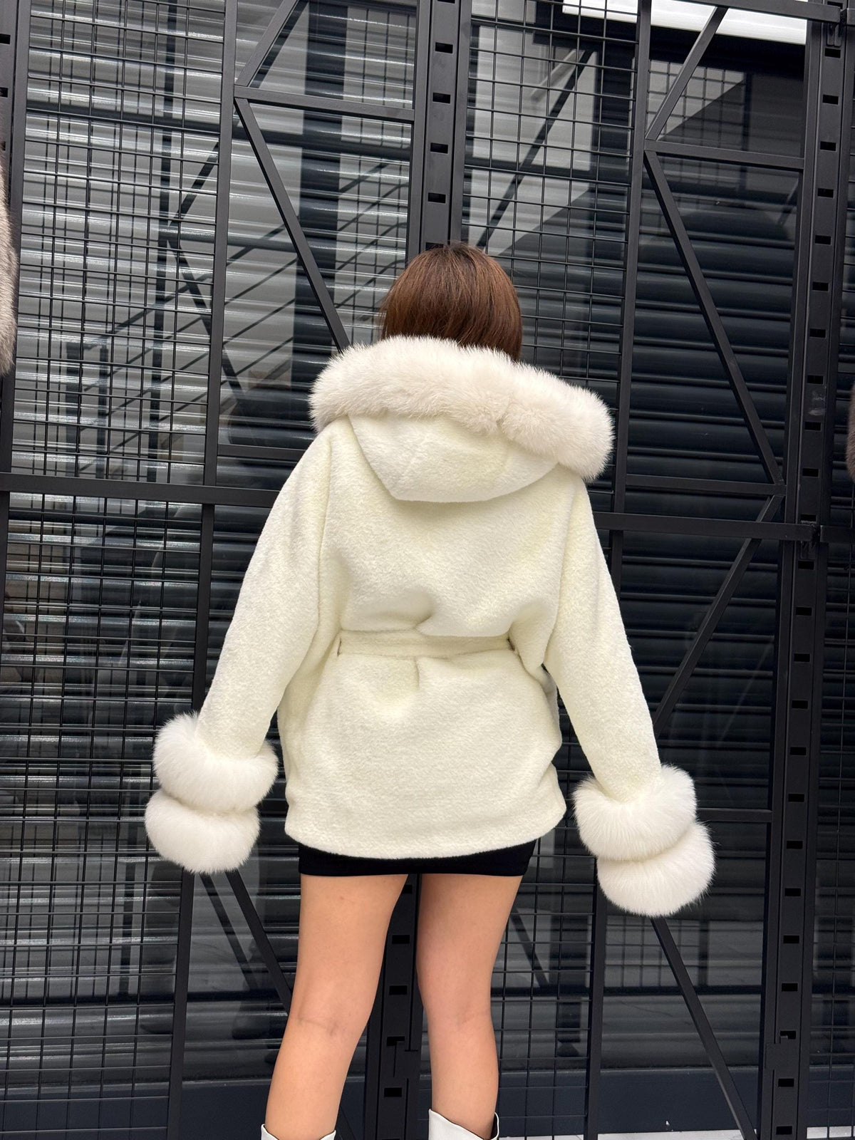 Luxury White Alcantara Cape Coat with Fox Fur Hood & Cuffs | Women’s Winter Arctic Fox Fur Jacket