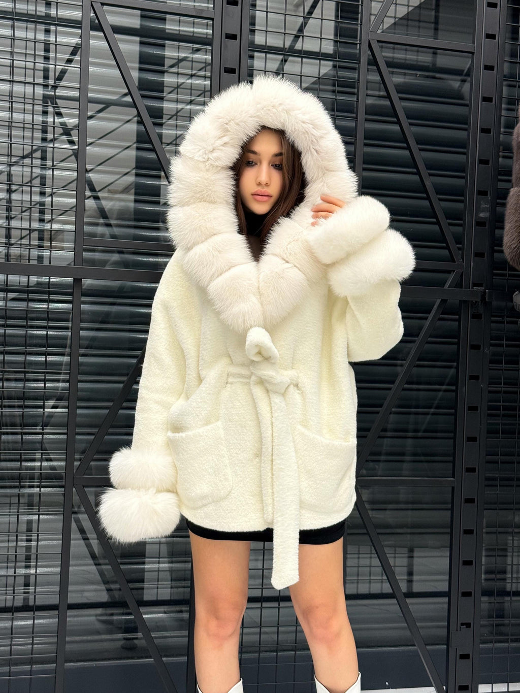 Luxury White Alcantara Cape Coat with Fox Fur Hood & Cuffs | Women’s Winter Arctic Fox Fur Jacket