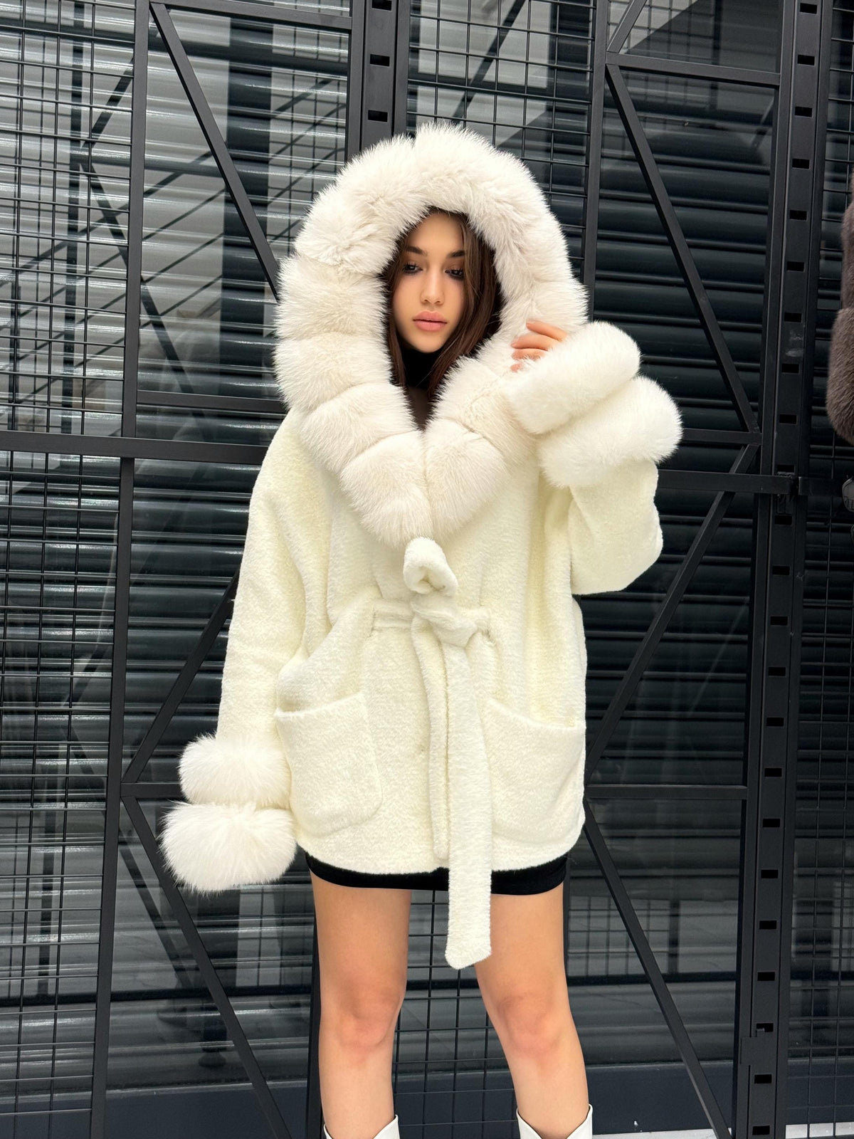 Luxury White Alcantara Cape Coat with Fox Fur Hood & Cuffs | Women’s Winter Arctic Fox Fur Jacket