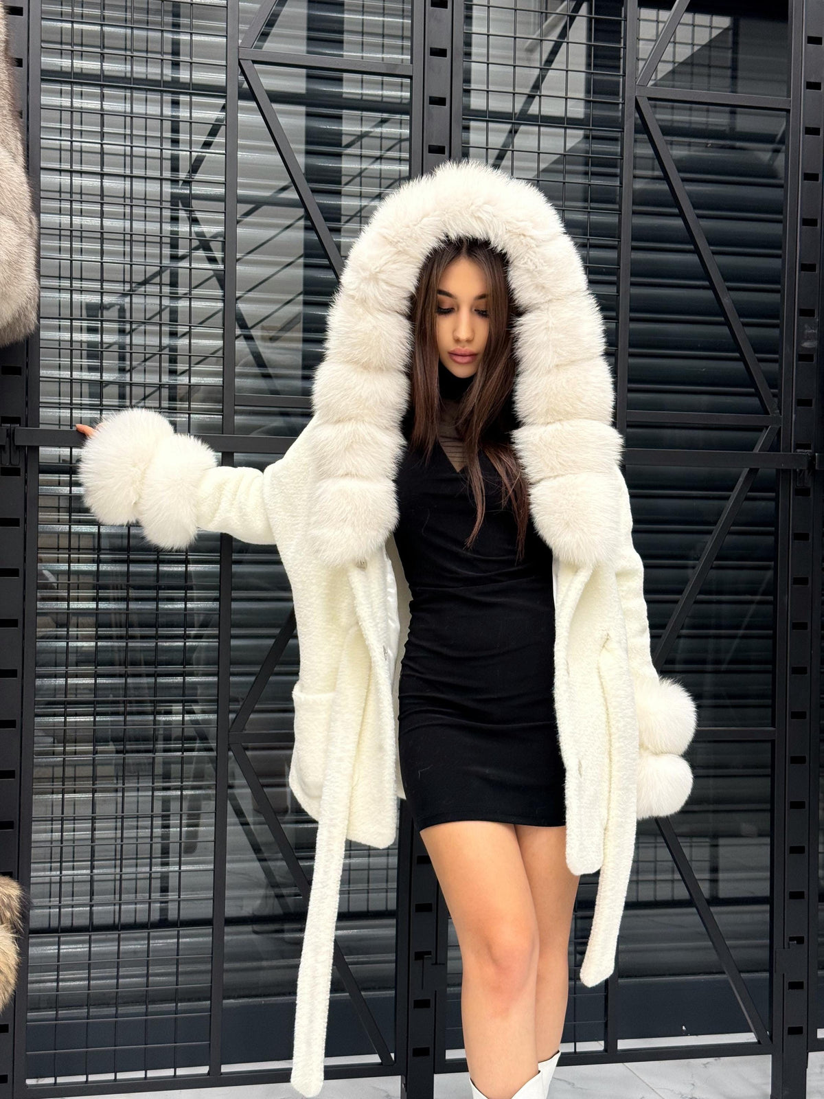Luxury White Alcantara Cape Coat with Fox Fur Hood & Cuffs | Women’s Winter Arctic Fox Fur Jacket