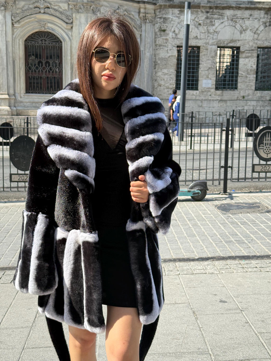 Women’s Black Faux Mink Fur Coat: Handmade Genuine Gray Rex Trim Jacket