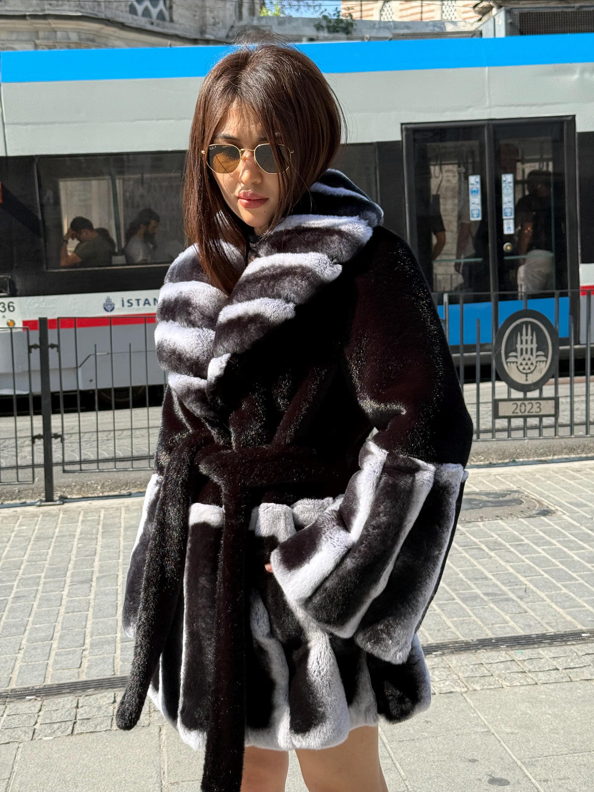 Women’s Black Faux Mink Fur Coat: Handmade Genuine Gray Rex Trim Jacket