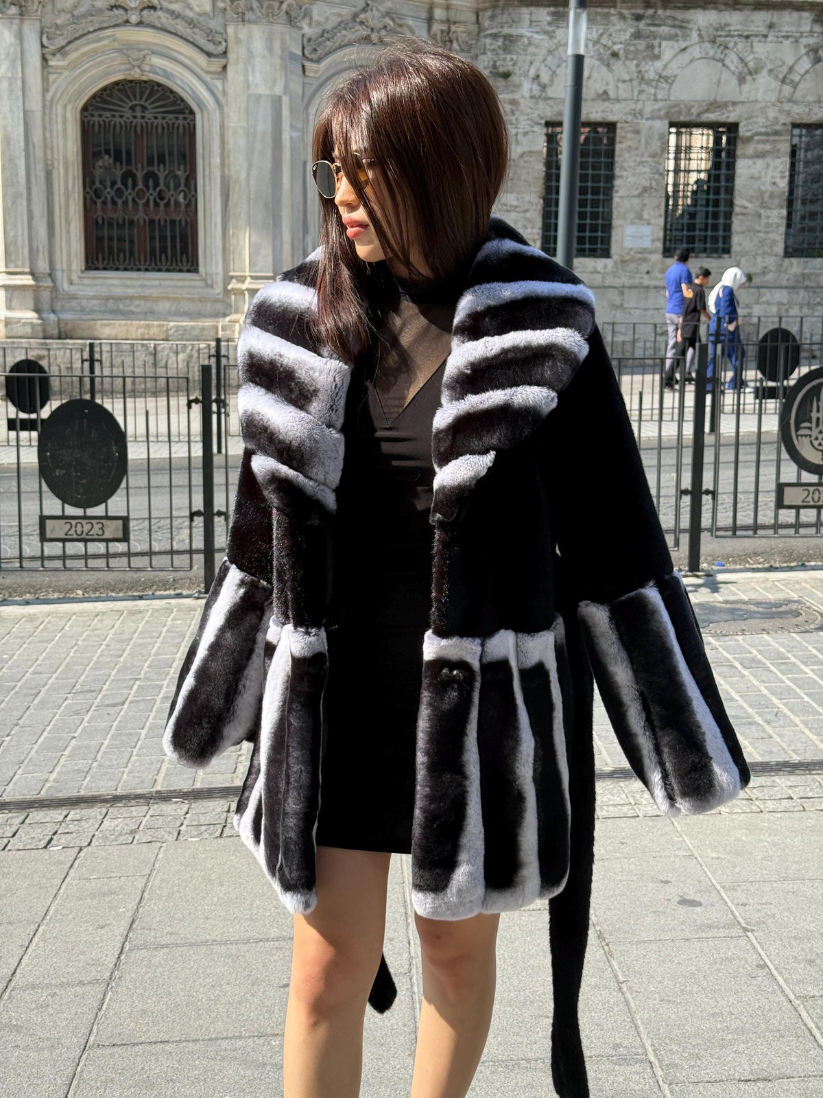 Women’s Black Faux Mink Fur Coat: Handmade Genuine Gray Rex Trim Jacket