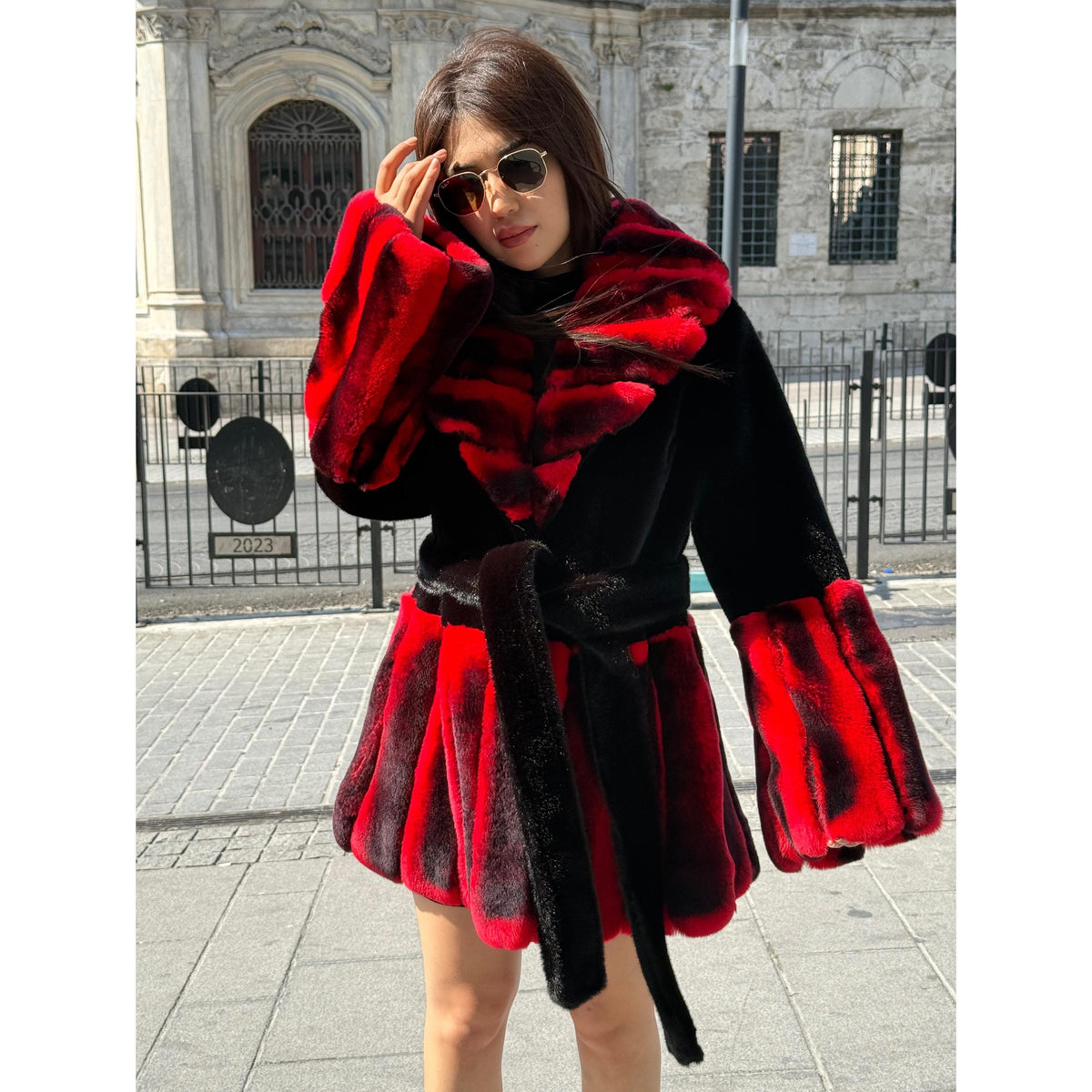 Women’s Black Faux Mink Fur Jacket, Handmade Genuine Red Rex Fur Trim Coat