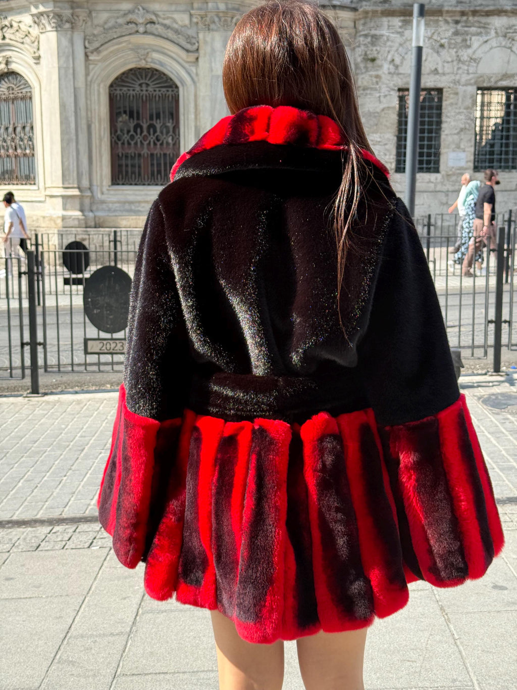 Women’s Black Faux Mink Fur Jacket, Handmade Genuine Red Rex Fur Trim Coat