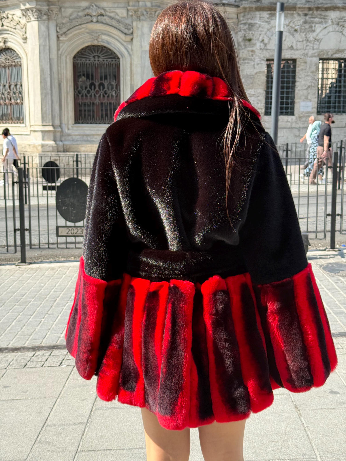 Women’s Black Faux Mink Fur Jacket, Handmade Genuine Red Rex Fur Trim Coat