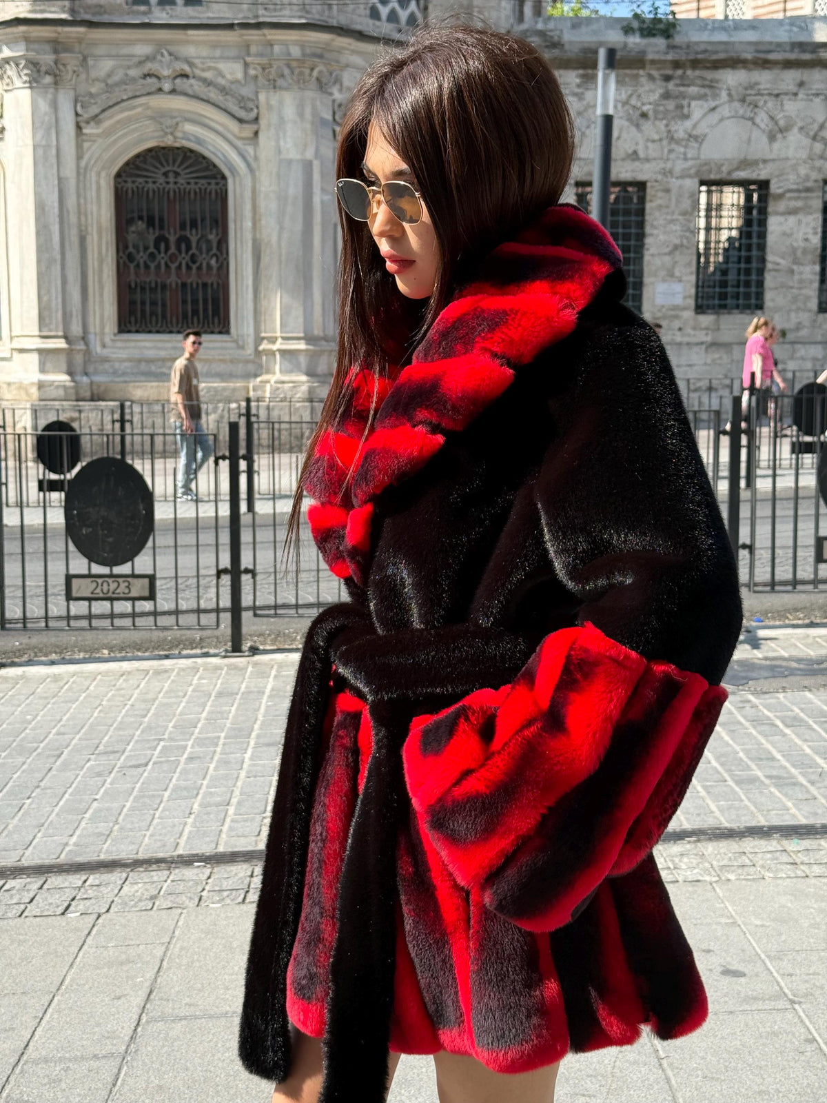 Women’s Black Faux Mink Fur Jacket, Handmade Genuine Red Rex Fur Trim Coat