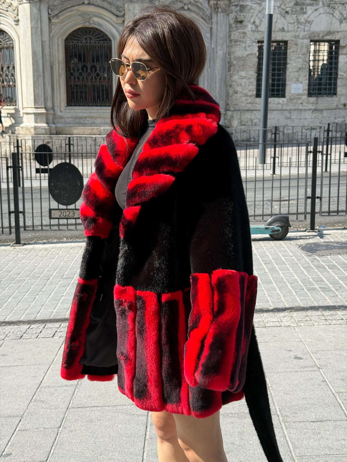Women’s Black Faux Mink Fur Jacket, Handmade Genuine Red Rex Fur Trim Coat