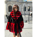 Women’s Black Faux Mink Fur Jacket, Handmade Genuine Red Rex Fur Trim Coat