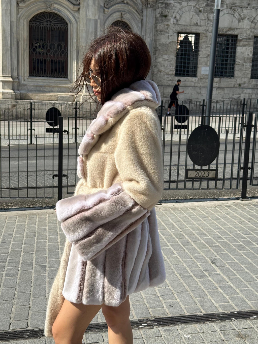Beige Short Faux Mink Fur Jacket, Wonen’s Handmade Genuine Rex Fur Trim Coat