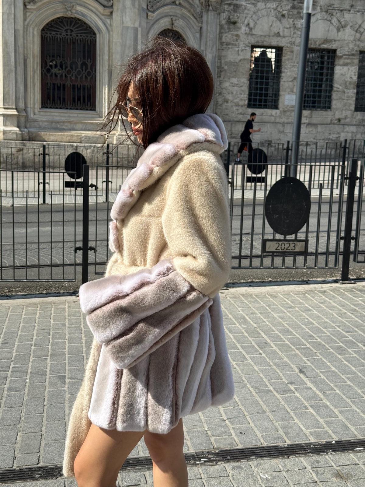 Beige Short Faux Mink Fur Jacket, Wonen’s Handmade Genuine Rex Fur Trim Coat