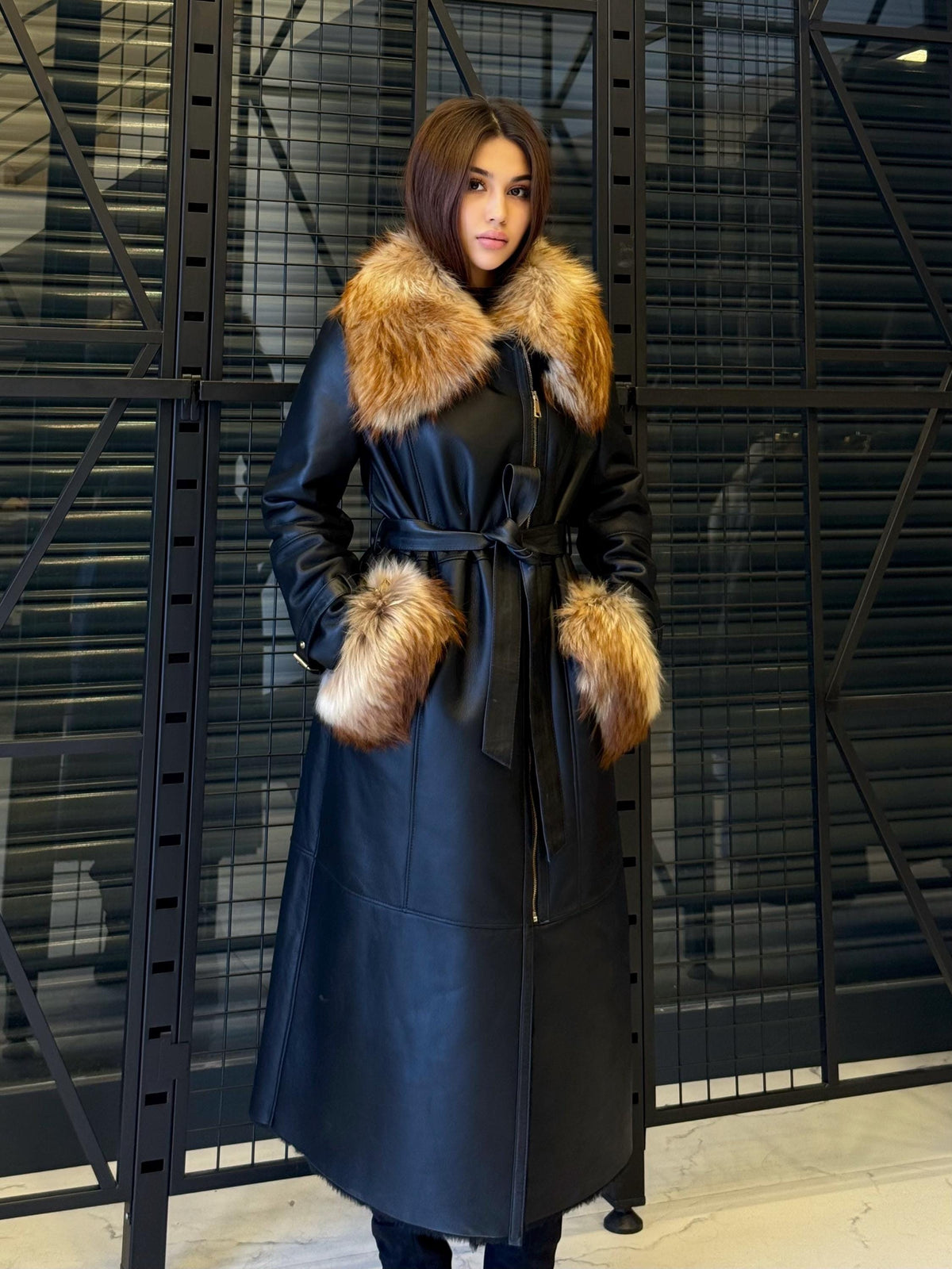 Black Sheepskin Shearling Coat: Fox Fur Trim, Handmade Long Lamb Fur Jacket