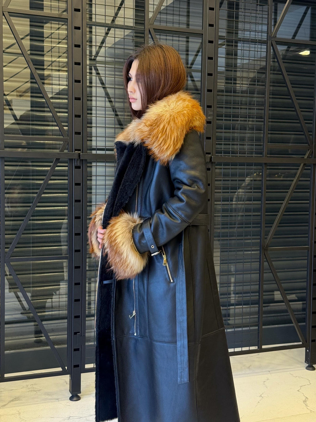 Black Sheepskin Shearling Coat: Fox Fur Trim, Handmade Long Lamb Fur Jacket