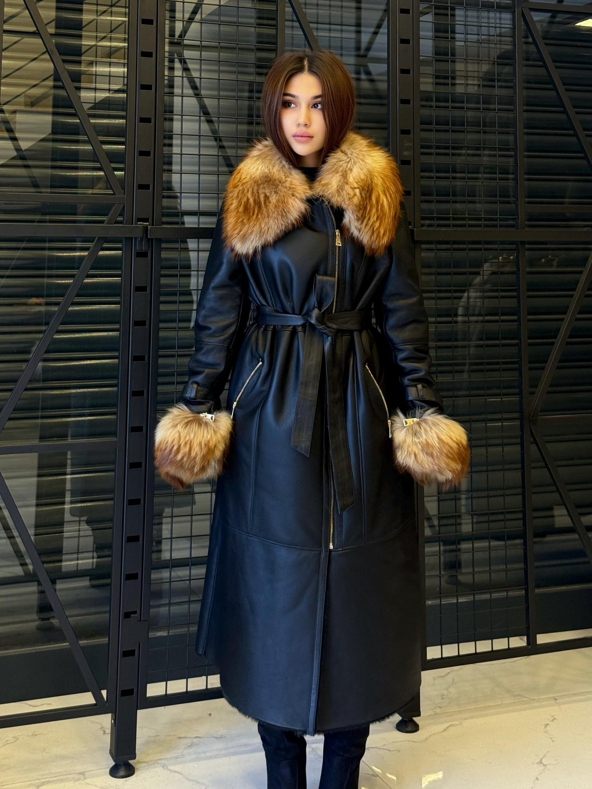 Black Sheepskin Shearling Coat: Fox Fur Trim, Handmade Long Lamb Fur Jacket