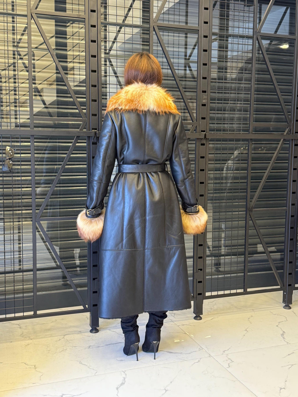 Black Sheepskin Shearling Coat: Fox Fur Trim, Handmade Long Lamb Fur Jacket