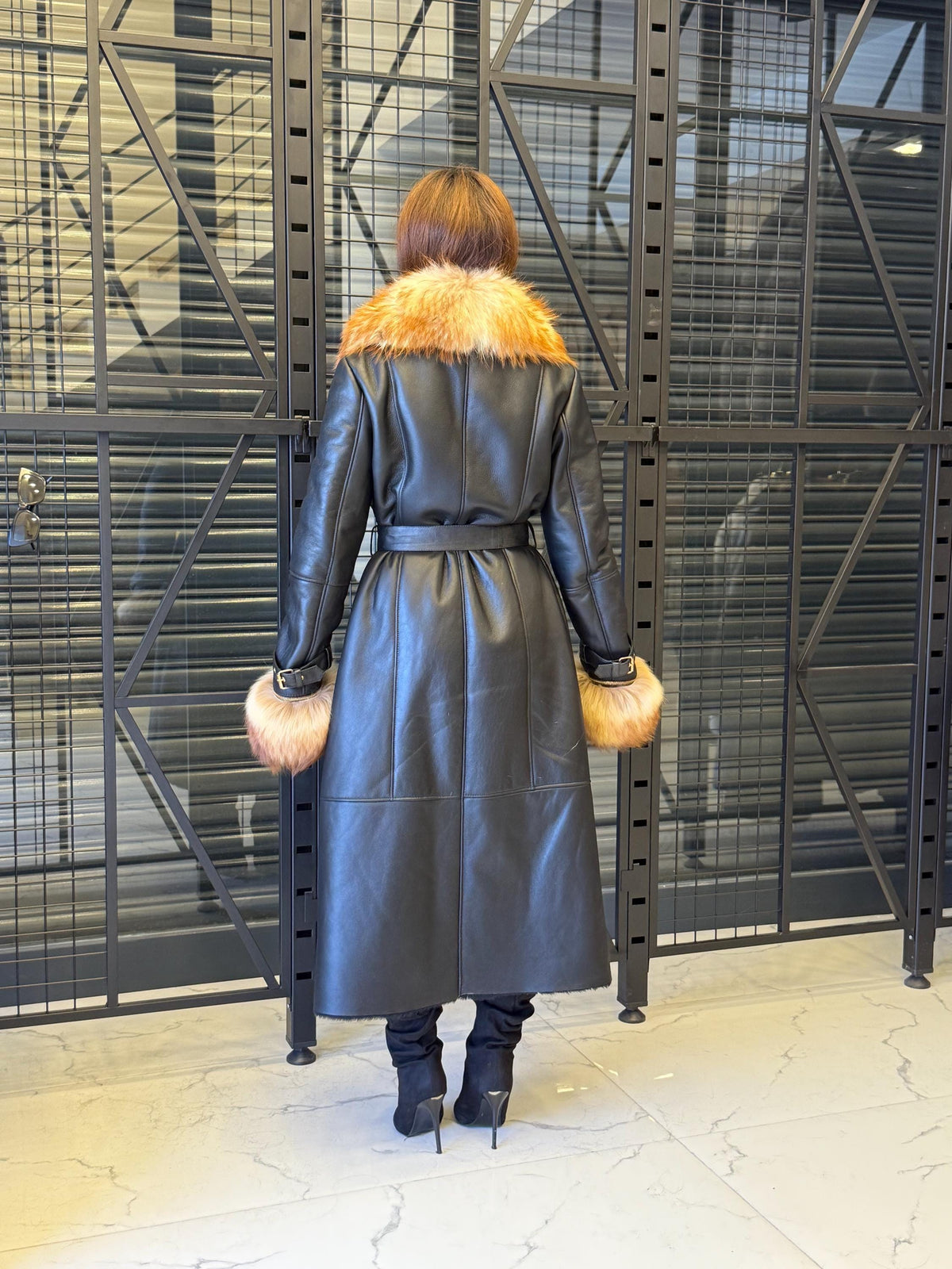 Black Sheepskin Shearling Coat: Fox Fur Trim, Handmade Long Lamb Fur Jacket