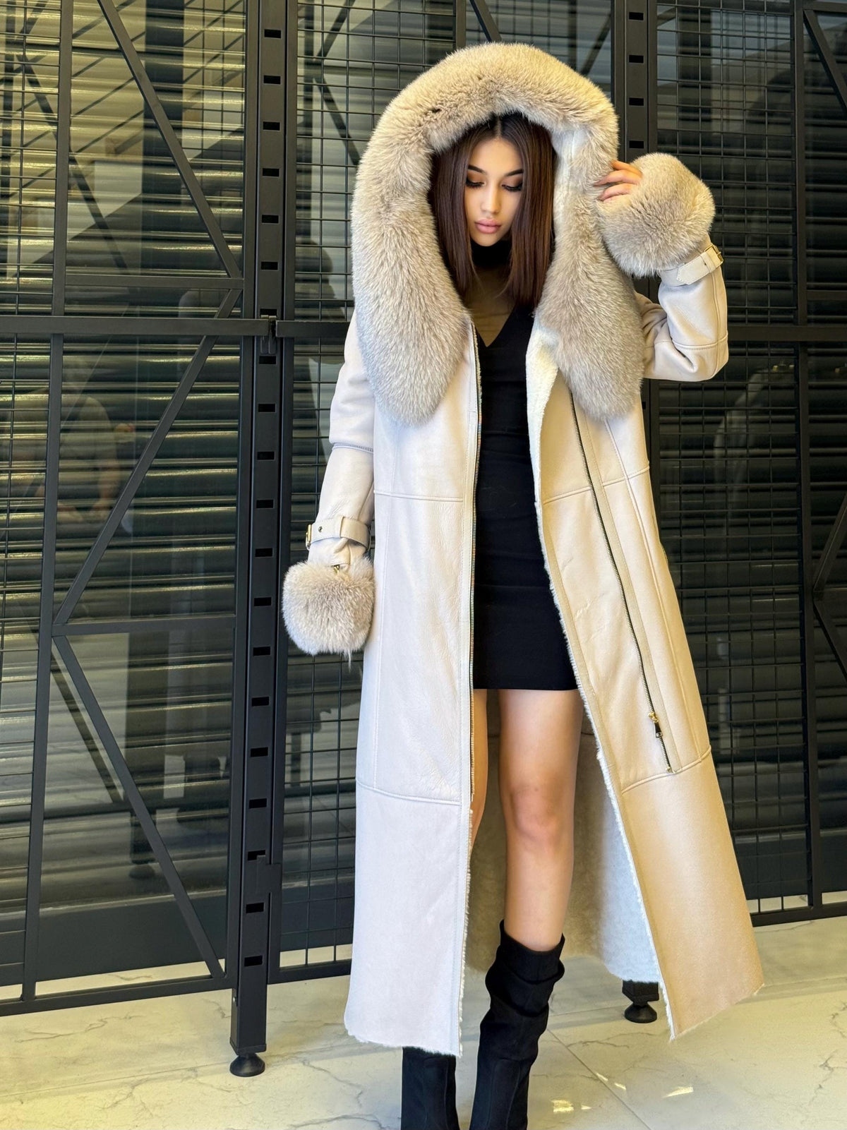 Beige Sheepskin Shearling Coat: Fox Fur Trim, Handmade Hooded Long Lamb Fur Jacket