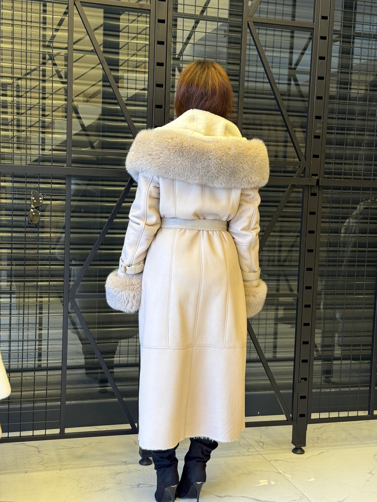 Beige Sheepskin Shearling Coat: Fox Fur Trim, Handmade Hooded Long Lamb Fur Jacket