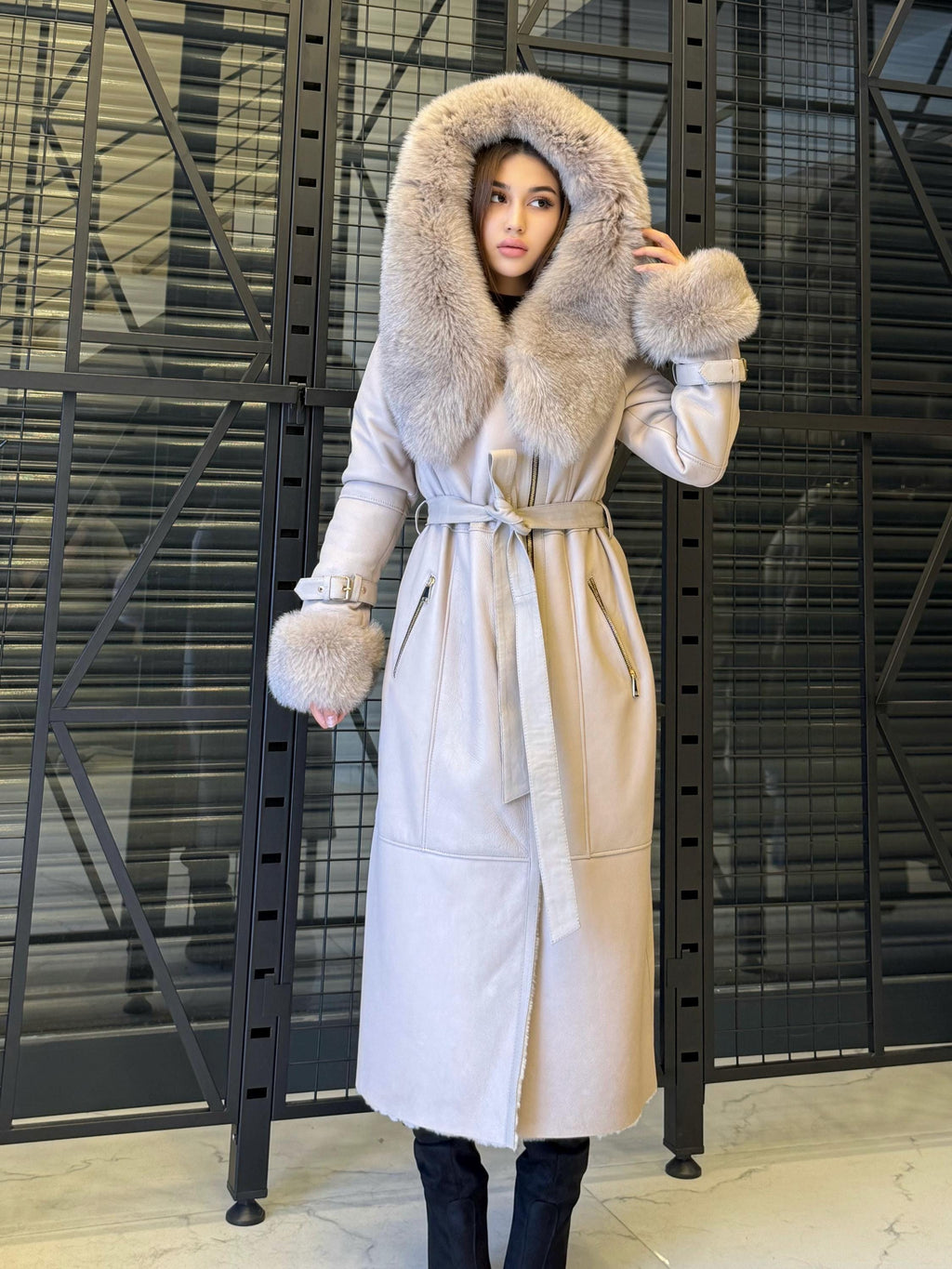 Beige Sheepskin Shearling Coat: Fox Fur Trim, Handmade Hooded Long Lamb Fur Jacket