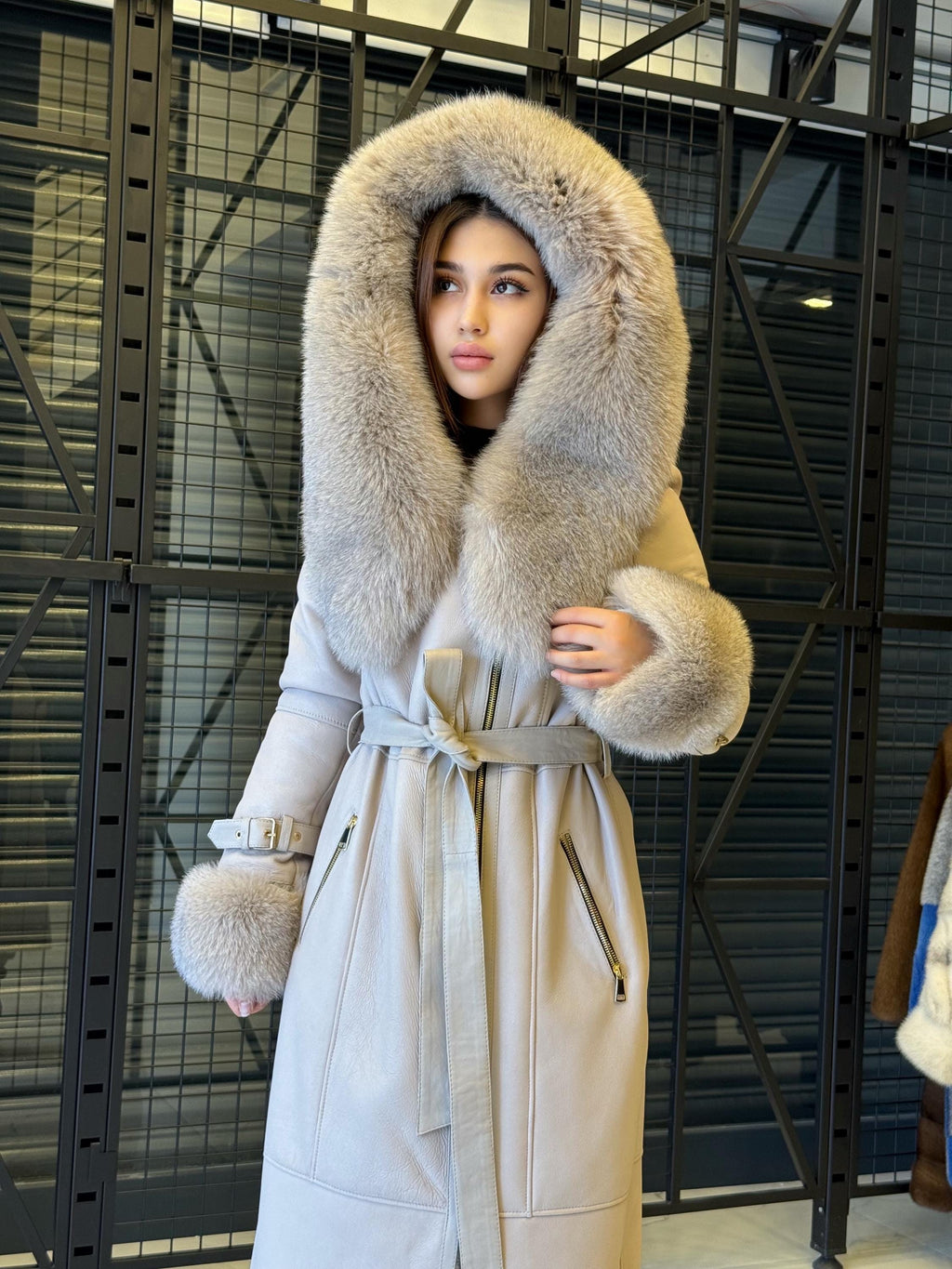 Beige Sheepskin Shearling Coat: Fox Fur Trim, Handmade Hooded Long Lamb Fur Jacket