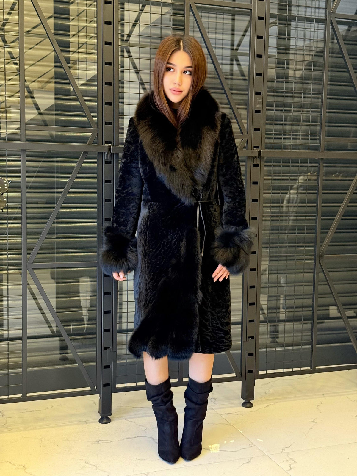 Handmade Astrakhan Lamb Fur Coat: Women’s Winter Collar Cuffs Fox Fur Jacket