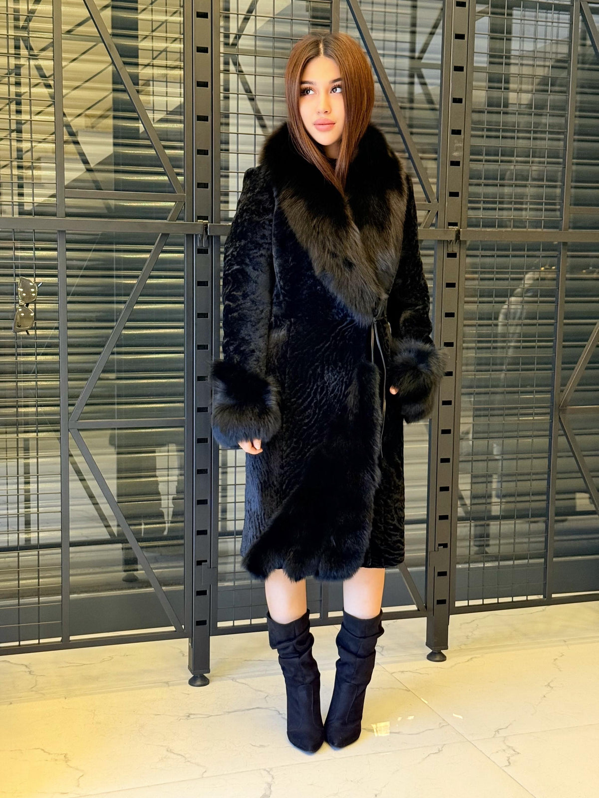 Handmade Astrakhan Lamb Fur Coat: Women’s Winter Collar Cuffs Fox Fur Jacket