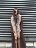 Brown Long Cashmere Coat, Front Argentina Fox Fur Jacket, Fox Fur Jacket..- Long Fox Fur Jacket..- Fox Fur