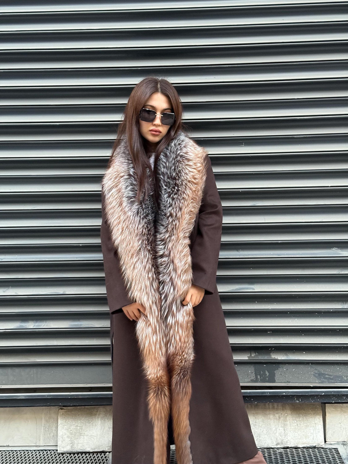 Brown Long Cashmere Coat, Front Argentina Fox Fur Jacket, Fox Fur Jacket..- Long Fox Fur Jacket..- Fox Fur