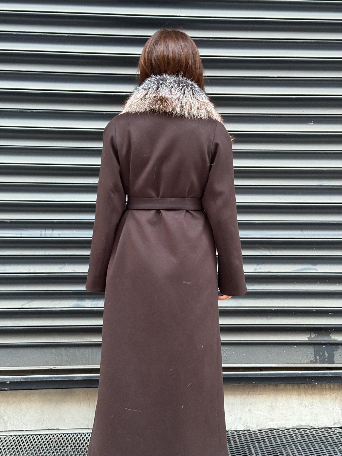 Brown Long Cashmere Coat, Front Argentina Fox Fur Jacket, Fox Fur Jacket..- Long Fox Fur Jacket..- Fox Fur