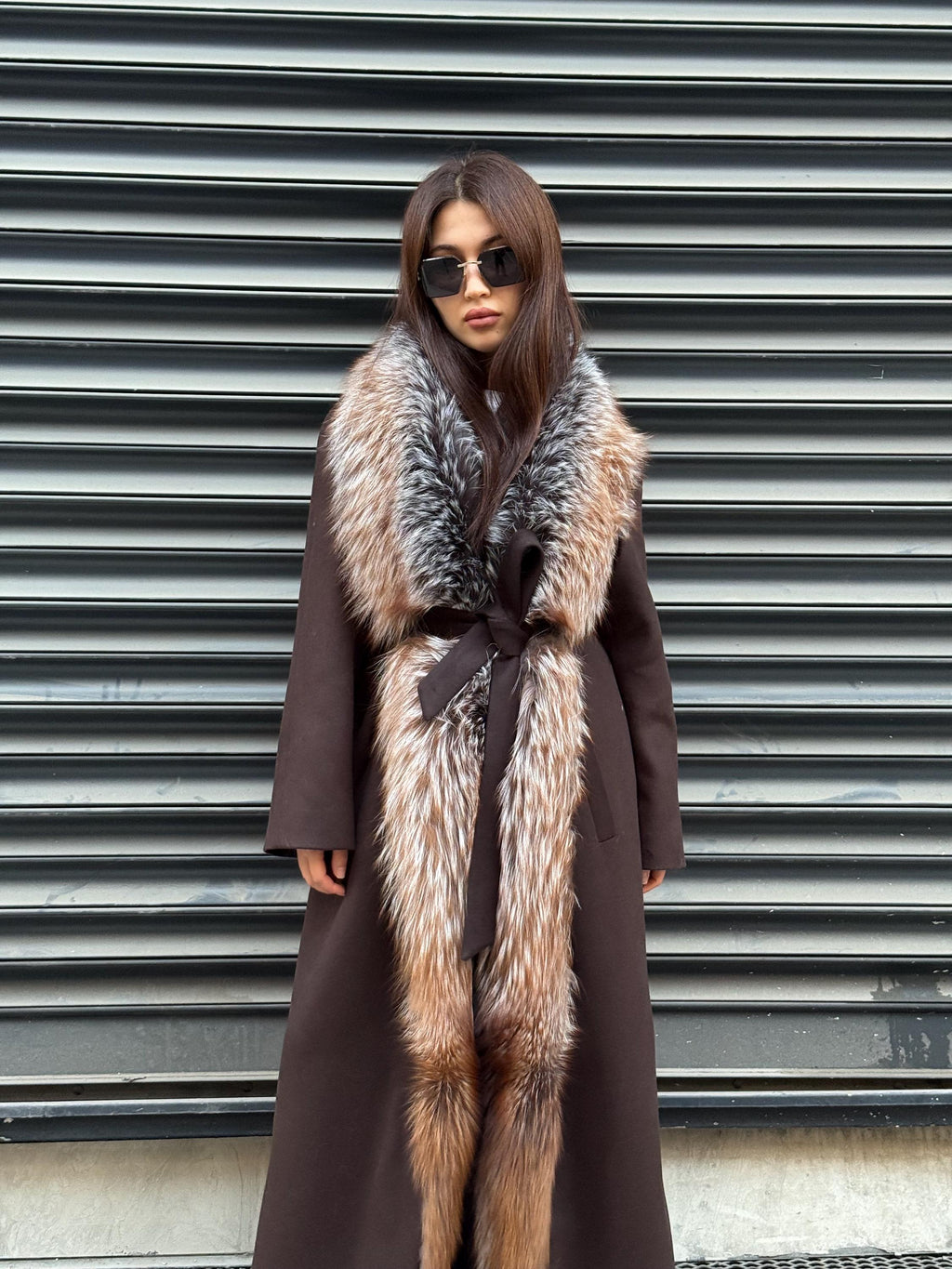 Brown Long Cashmere Coat, Front Argentina Fox Fur Jacket, Fox Fur Jacket..- Long Fox Fur Jacket..- Fox Fur
