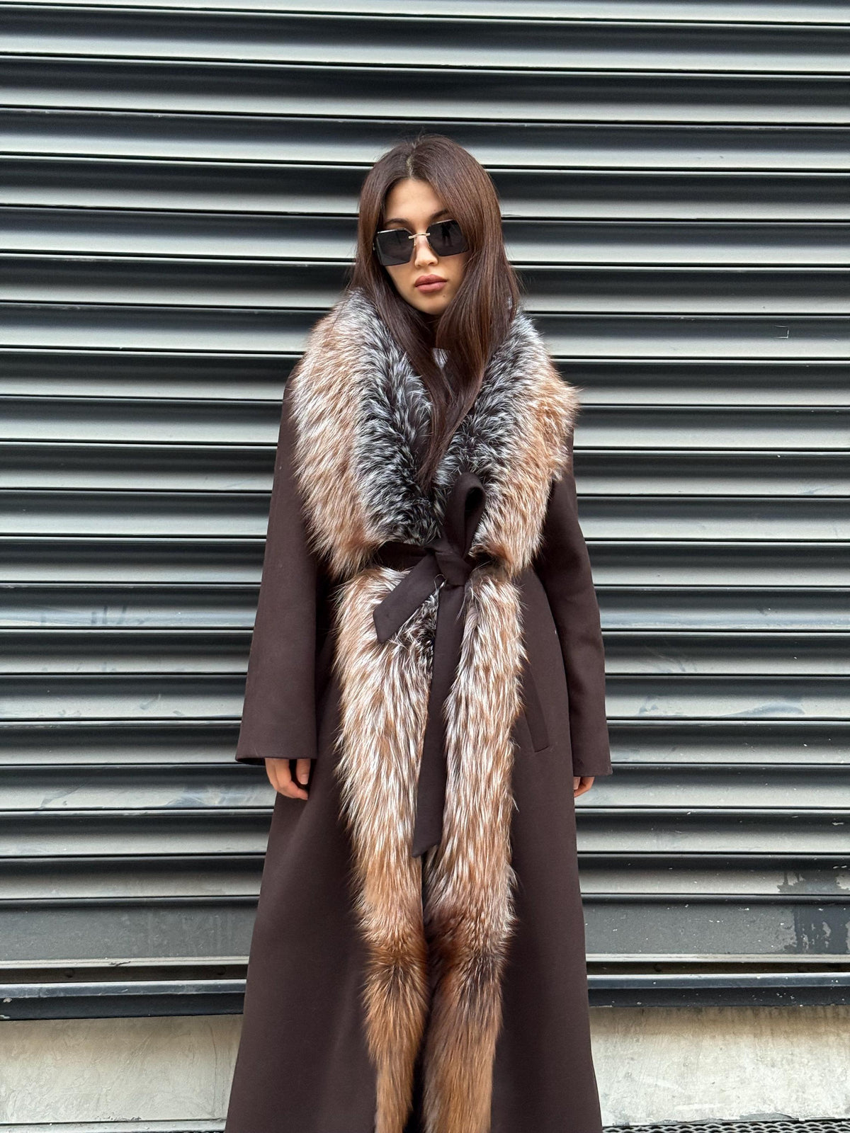 Brown Long Cashmere Coat, Front Argentina Fox Fur Jacket, Fox Fur Jacket..- Long Fox Fur Jacket..- Fox Fur
