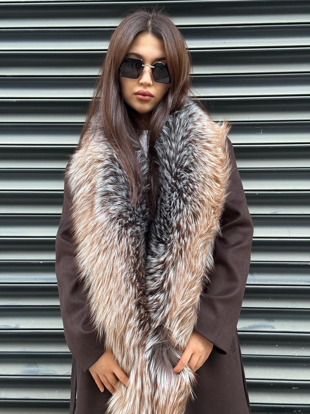 Brown Long Cashmere Coat, Front Argentina Fox Fur Jacket, Fox Fur Jacket..- Long Fox Fur Jacket..- Fox Fur