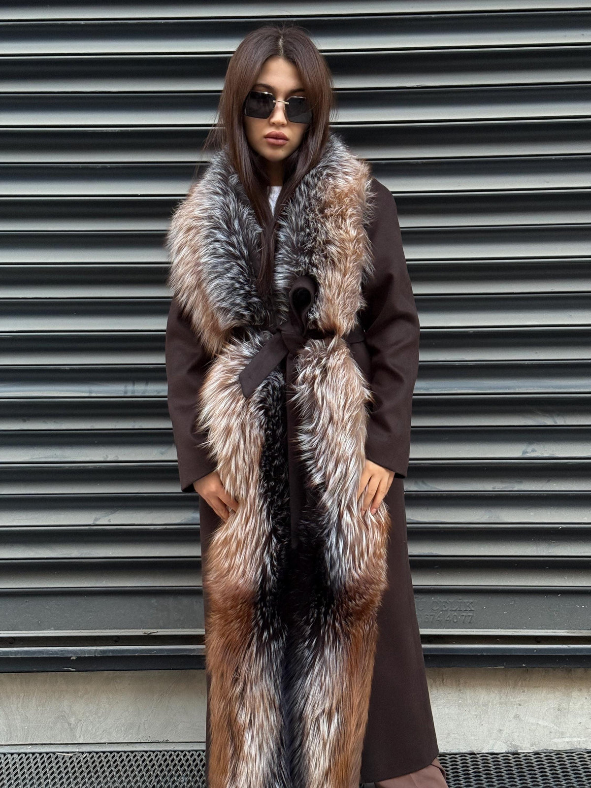 Brown Long Cashmere Coat, Front Argentina Fox Fur Jacket, Fox Fur Jacket..- Long Fox Fur Jacket..- Fox Fur
