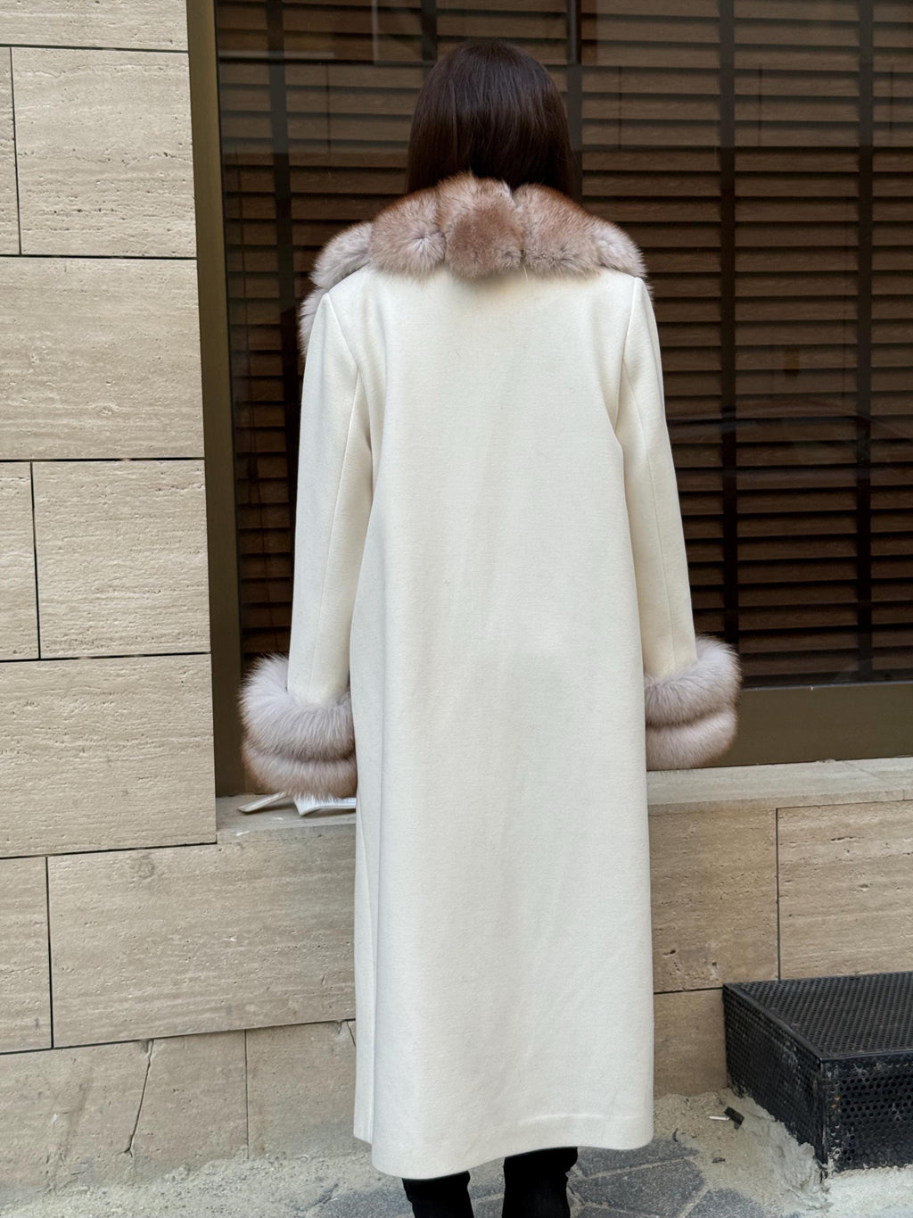White Cashmere Cape, Collar Cuffs Fox Fur Jacket, Luxury Handmade Long Wool Coat Women