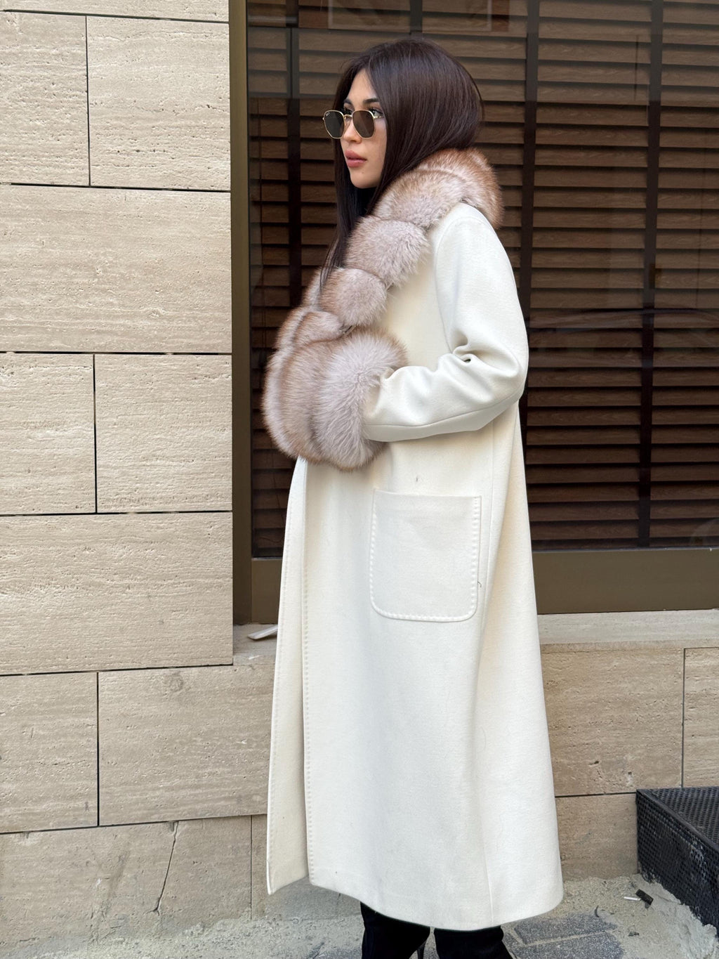 White Cashmere Cape, Collar Cuffs Fox Fur Jacket, Luxury Handmade Long Wool Coat Women