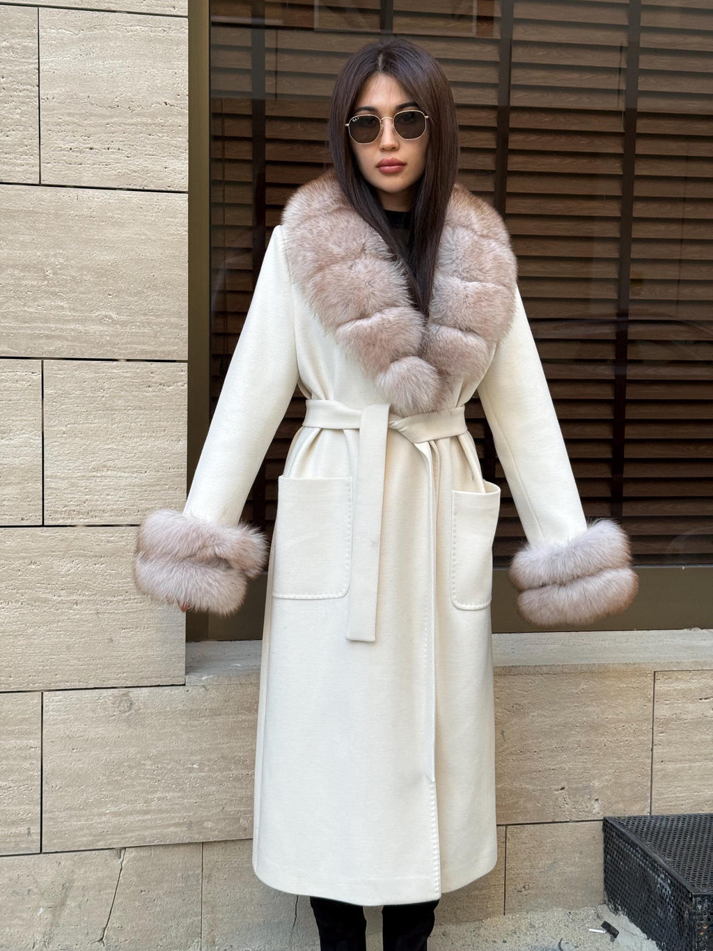 White Cashmere Cape, Collar Cuffs Fox Fur Jacket, Luxury Handmade Long Wool Coat Women