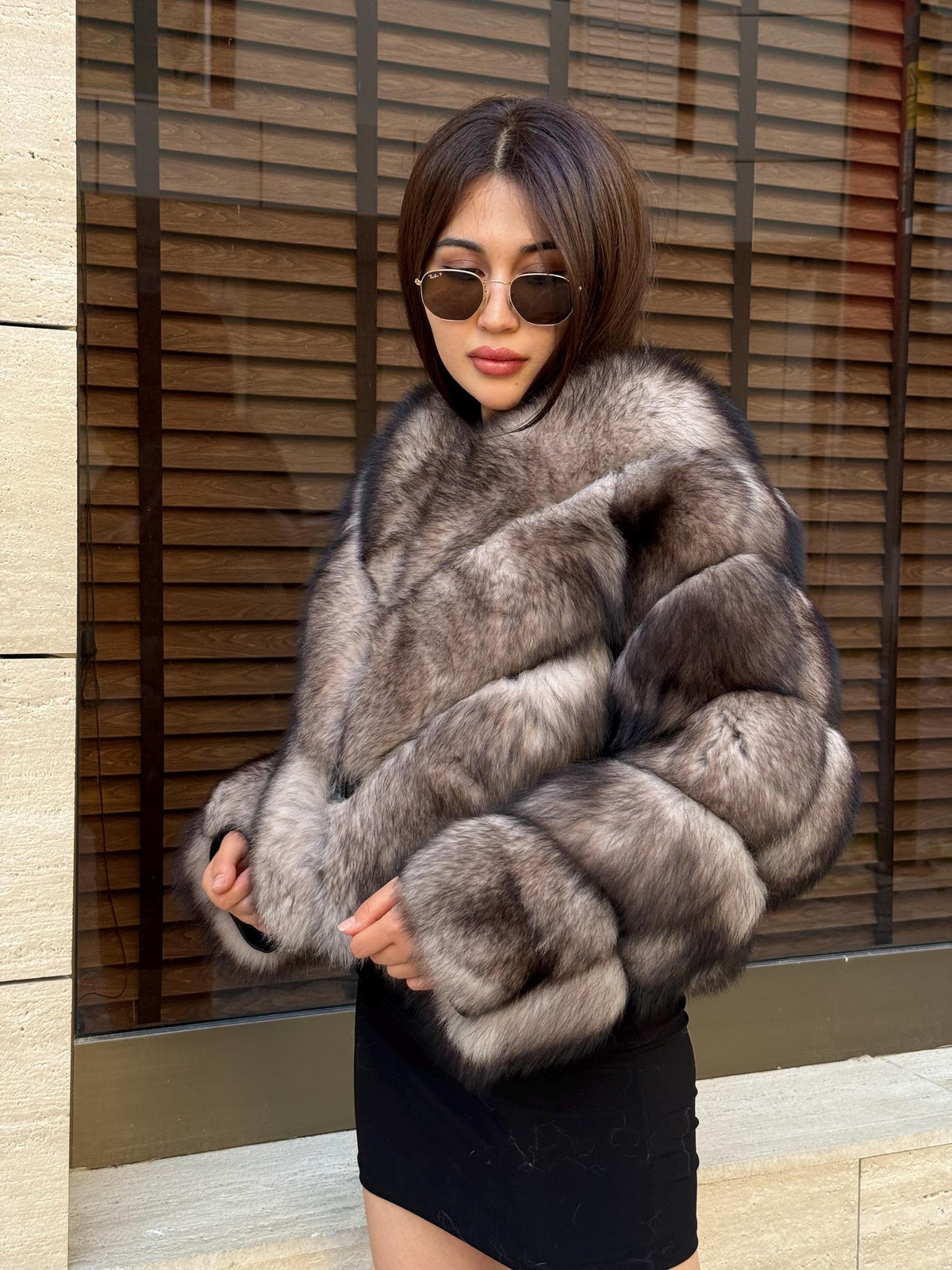 Women’s Luxury Fox Fur Jacket, Ombre Beige Handmade Short Women Fur Coat