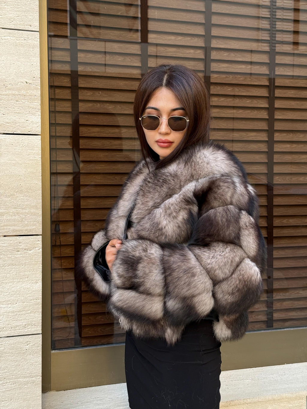 Women’s Luxury Fox Fur Jacket, Ombre Beige Handmade Short Women Fur Coat
