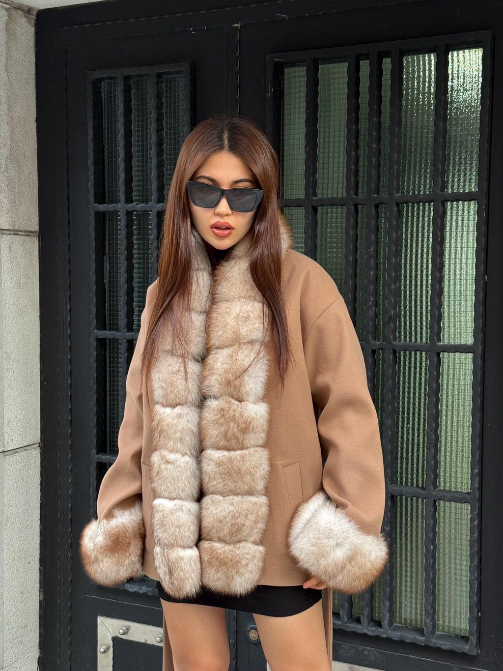 Camel Short Cashmere Blend Jacket | Front & Cuffs Fox Fur Jacket