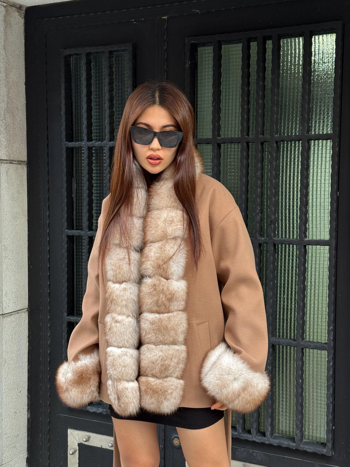 Camel Short Cashmere Blend Jacket | Front & Cuffs Fox Fur Jacket