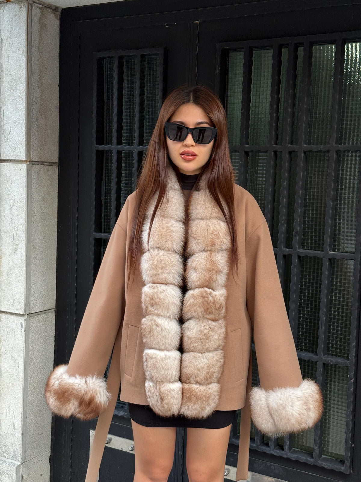 Camel Short Cashmere Blend Jacket | Front & Cuffs Fox Fur Jacket