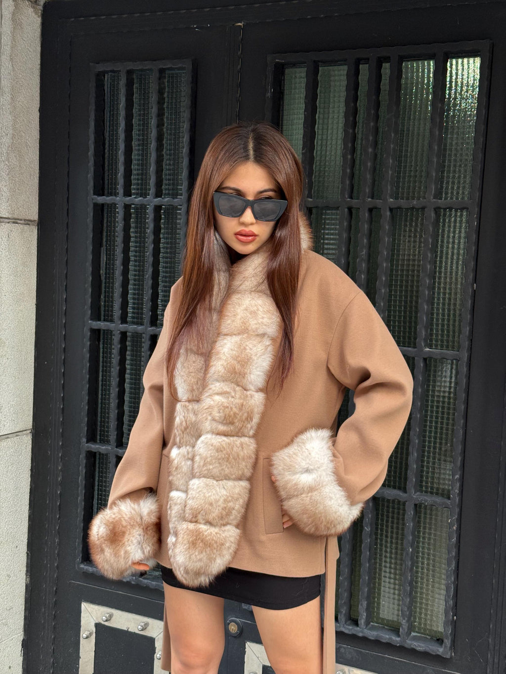 Camel Short Cashmere Blend Jacket | Front & Cuffs Fox Fur Jacket